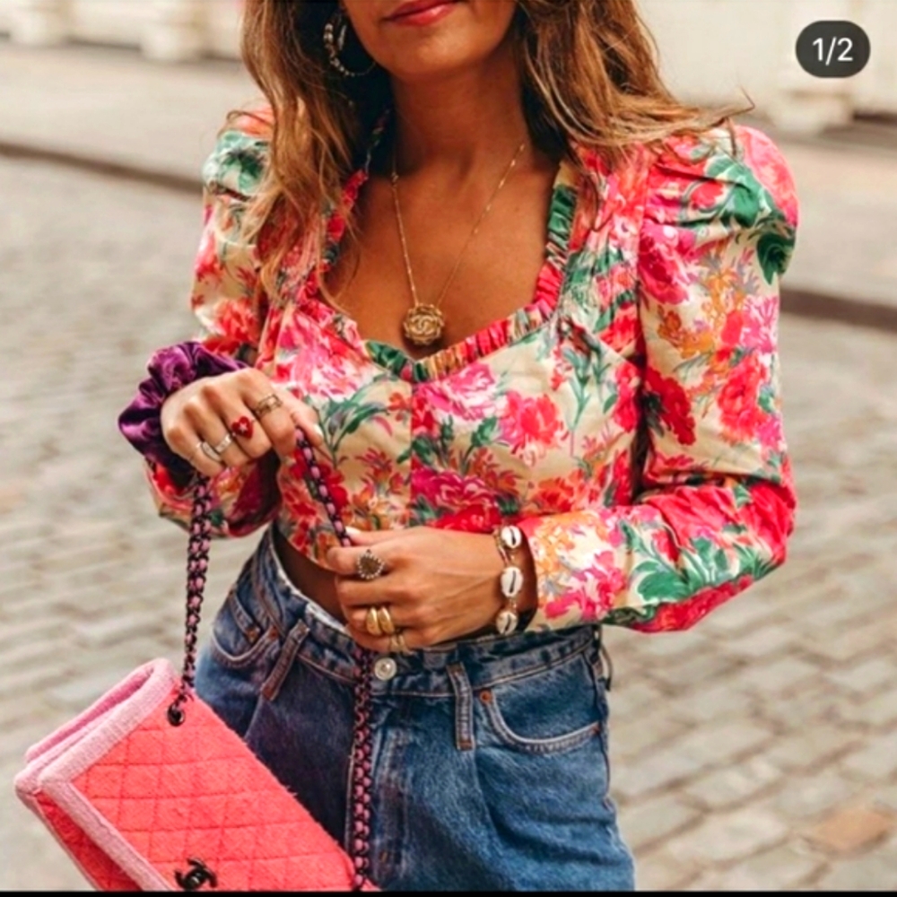 NWT ZARA Puff Sleeve Floral Crop Top